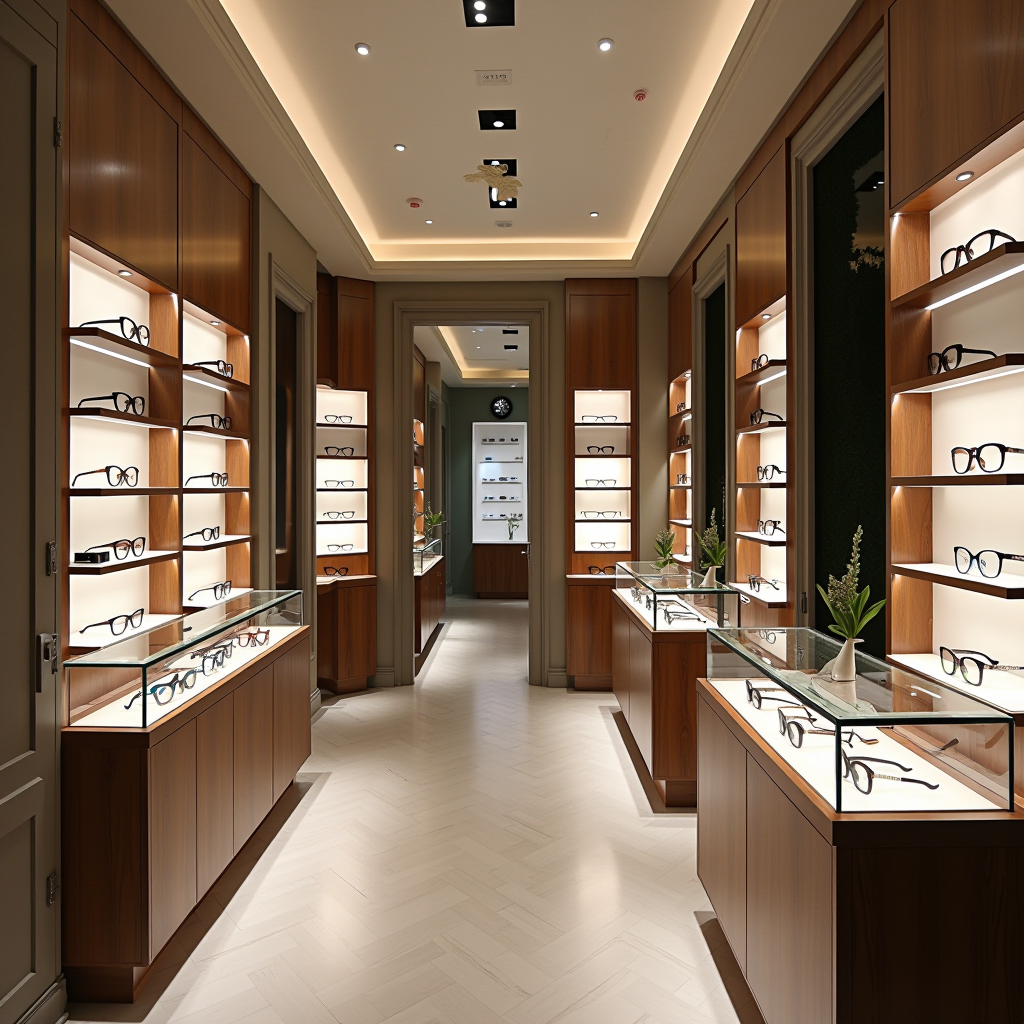 Interno elegante del negozio Ottica Visconti a Milano, con espositori moderni di occhiali di design, illuminazione sofisticata e arredamento contemporaneo che riflette l'eccellenza italiana nell'eyewear