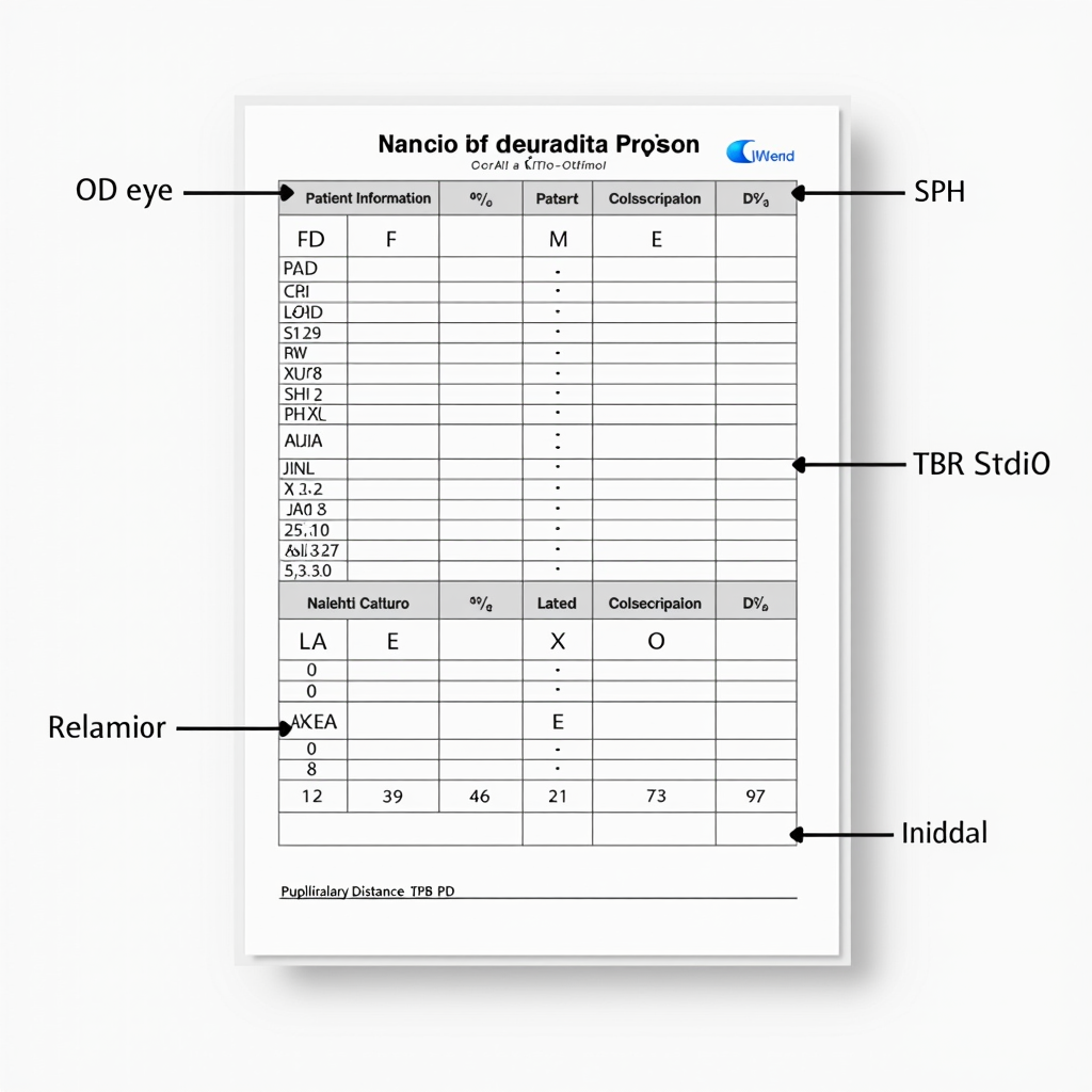 Diagramma dettagliato di un modulo di prescrizione oculistica standard che mostra le sezioni principali: informazioni del paziente in alto, tabella con colonne OD (occhio destro) e OS (occhio sinistro), righe per SPH, CYL, AXIS, ADD, e in basso i campi per distanza pupillare (PD) e firma del medico. Ogni sezione è etichettata con frecce e annotazioni esplicative in italiano.