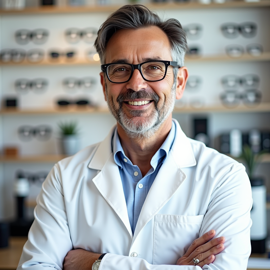 Ritratto professionale del Dottor Alessandro Visconti, fondatore e optometrista senior di Ottica Visconti, con camice bianco e strumenti ottici sullo sfondo