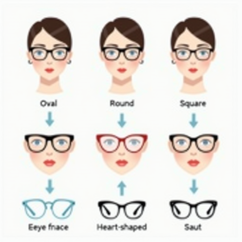 Professional illustration showing five different face shapes (oval, round, square, heart-shaped, and diamond) with recommended eyeglass frame styles for each shape. Each face shape is clearly labeled with arrows pointing to ideal frame styles that complement the natural features. The illustration uses clean lines and a modern color palette with electric blue accents highlighting the recommended frames.