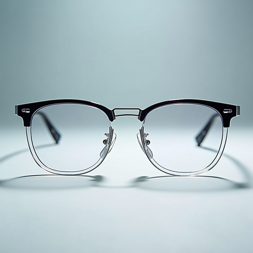 Side-by-side comparison image showing two eyeglass lenses, one with anti-reflective coating appearing clear and nearly invisible, and one without coating showing visible reflections and glare from light sources