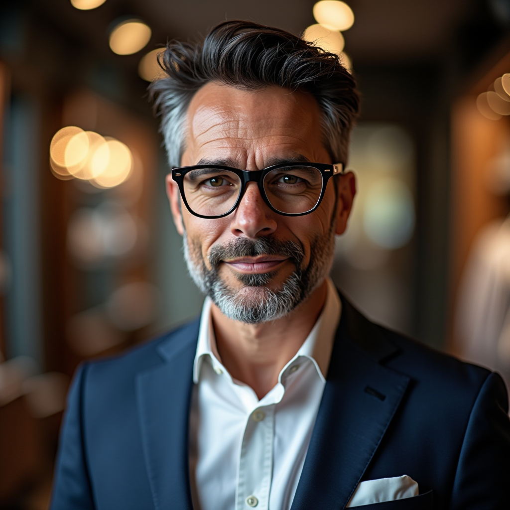 Ritratto professionale di Marco Bellini, consulente di stile eyewear, con occhiali di design e sfondo elegante del negozio