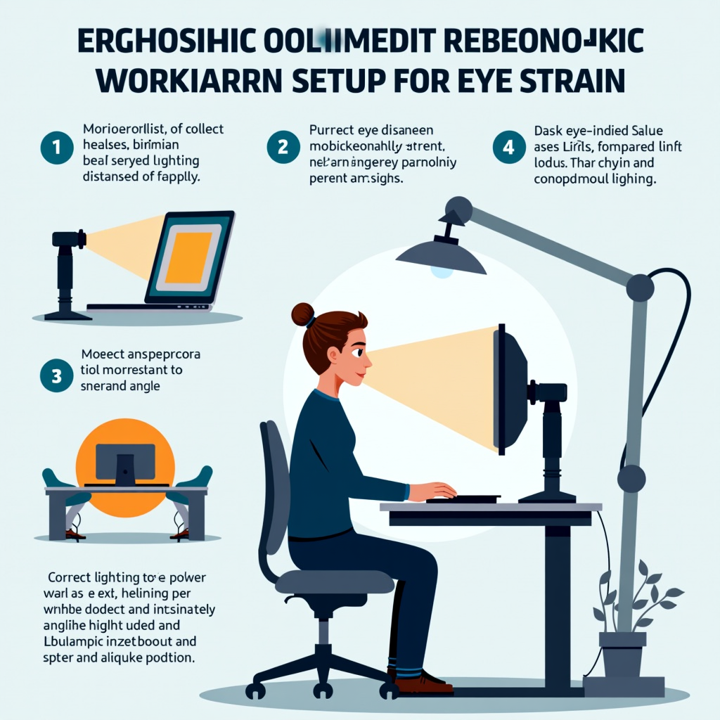 Infographic illustrating proper ergonomic computer workstation setup for reducing eye strain, showing correct monitor height and distance, optimal lighting placement, screen angle, and person demonstrating proper posture with measurements and guidelines